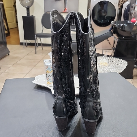 HELEN'S HEART BLACK LEATHER and SEQUINS BOOTS - Picture 2 of 6